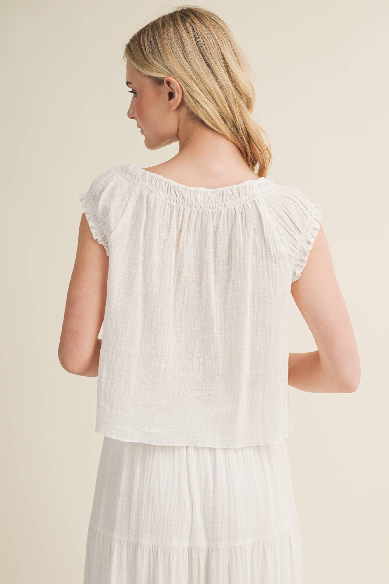 Gathered Tassel Tie Ruffle Sleeve Top
