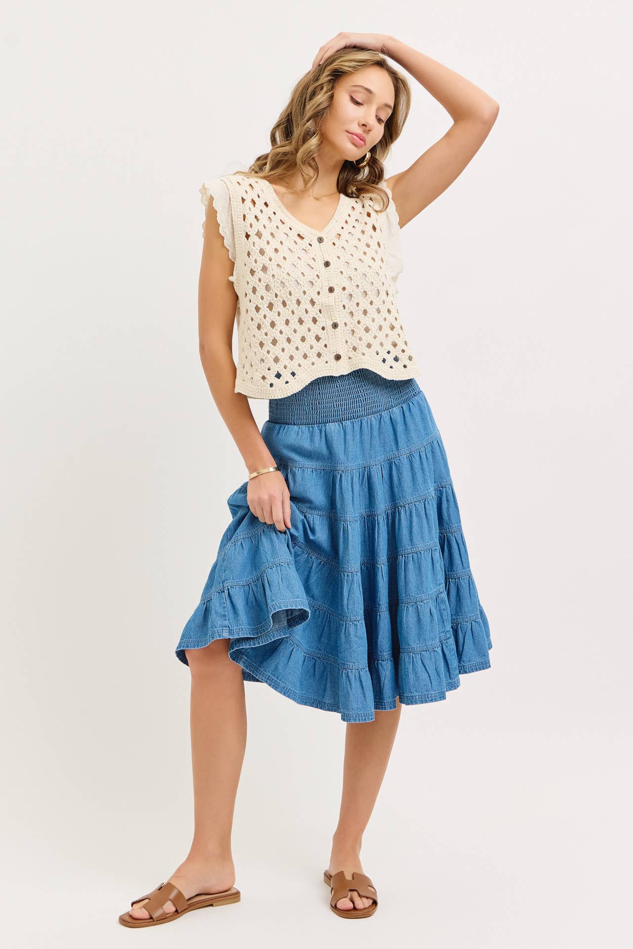 Denim Smocked Waist Tiered Midi Skirt
