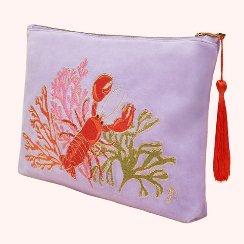 Lobster Velvet Embroidered Zip Pouch Powder Design