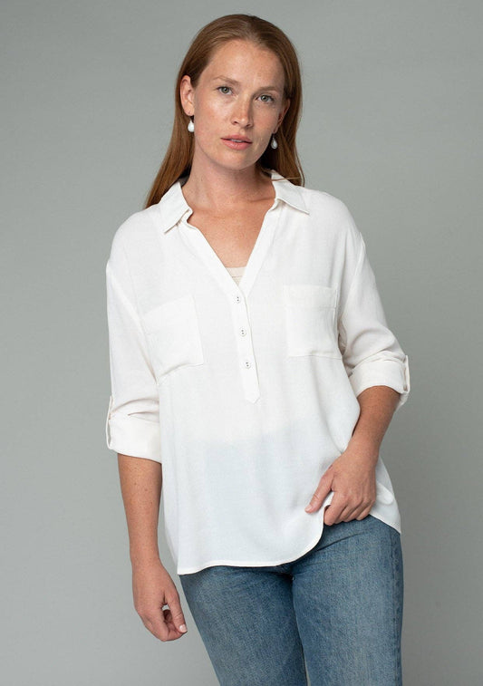 Collared Roll-Up Long Sleeve Button Front Blouse 