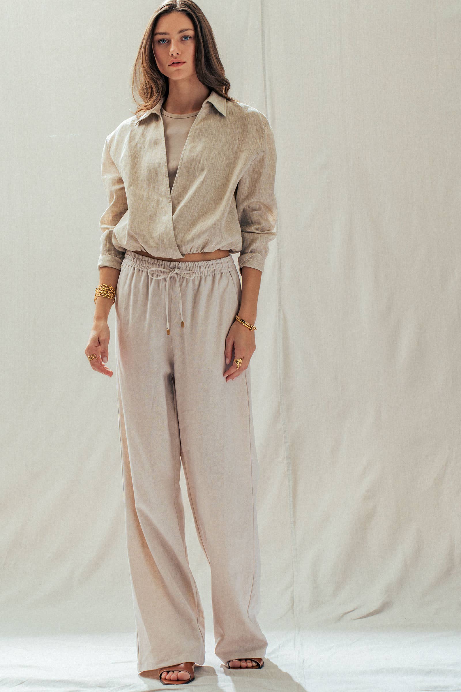 Linen Blend Wide Leg Pants Drawstring Waist 