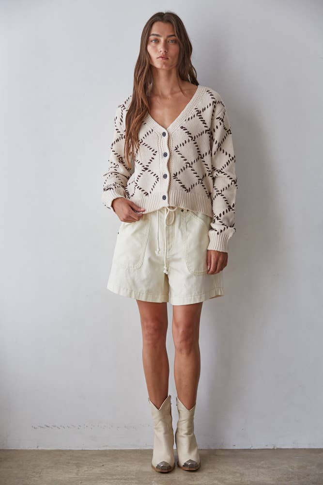 Knit Sweater Diamond Stitch Detail Cardigan