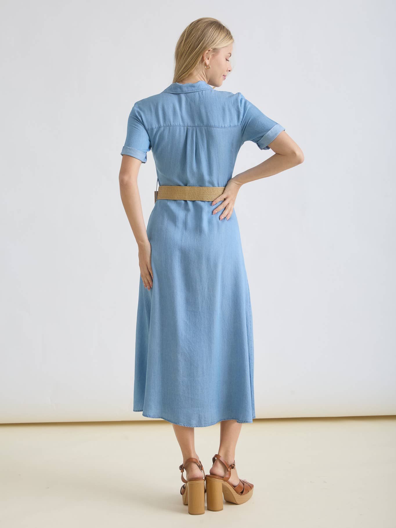 Collared Button Down Cuff Sleeve Belted Midi Dress 