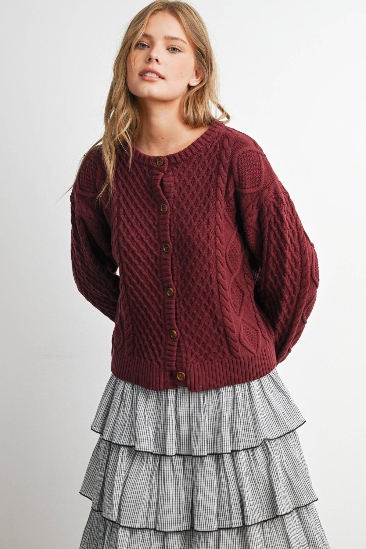 Berry Cable Knit Cardigan