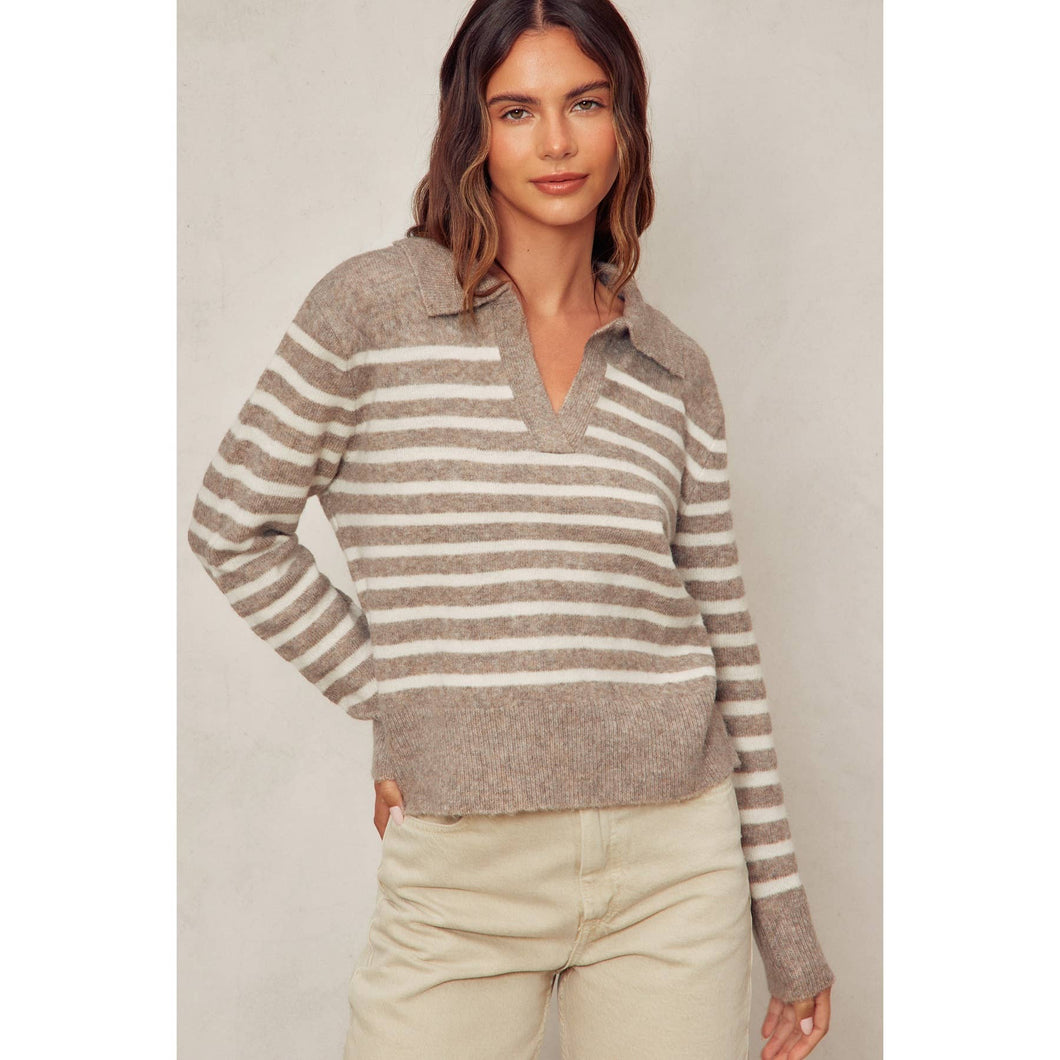 Fuzzy Striped Polo Sweater