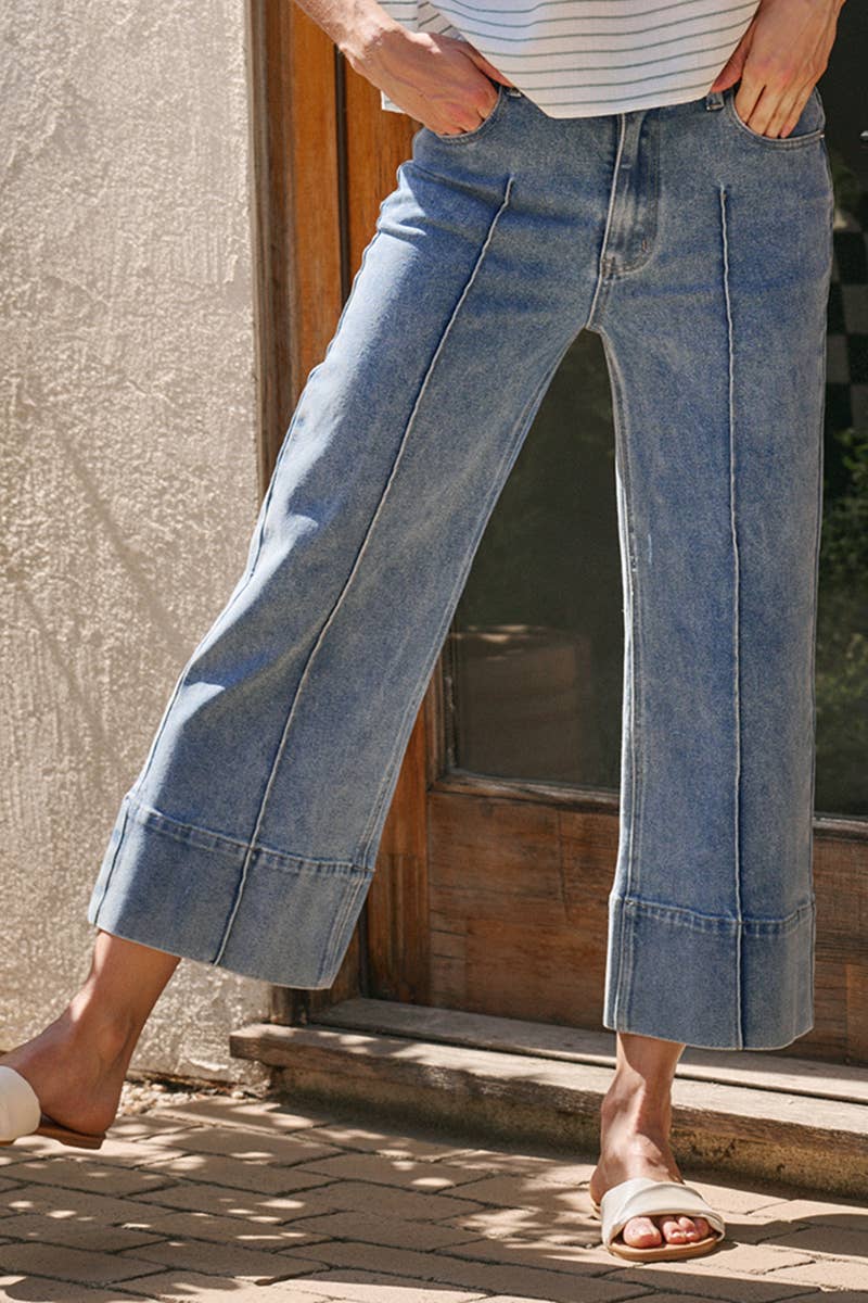 Mid Rise Stretch Denim Wide Leg Front Seamed Jeans