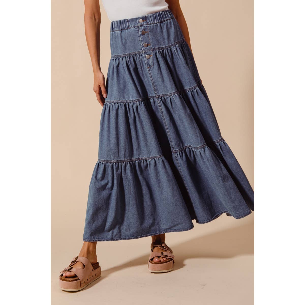Shirred Denim Maxi Skirt