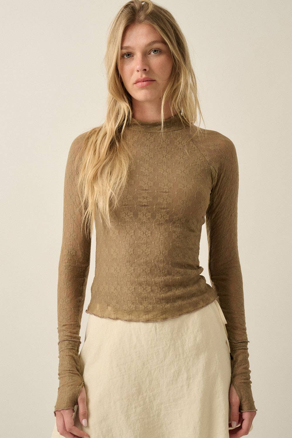 Floral Lace Mock-Neck Fitted Long-Sleeve Thumbhole Top