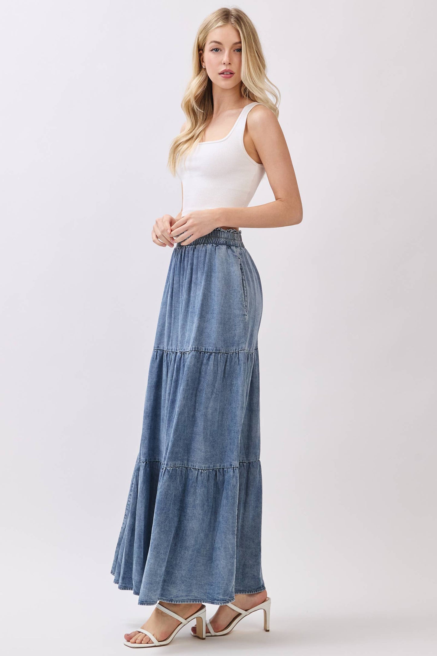 Washed Denim Tiered Maxi Skirt