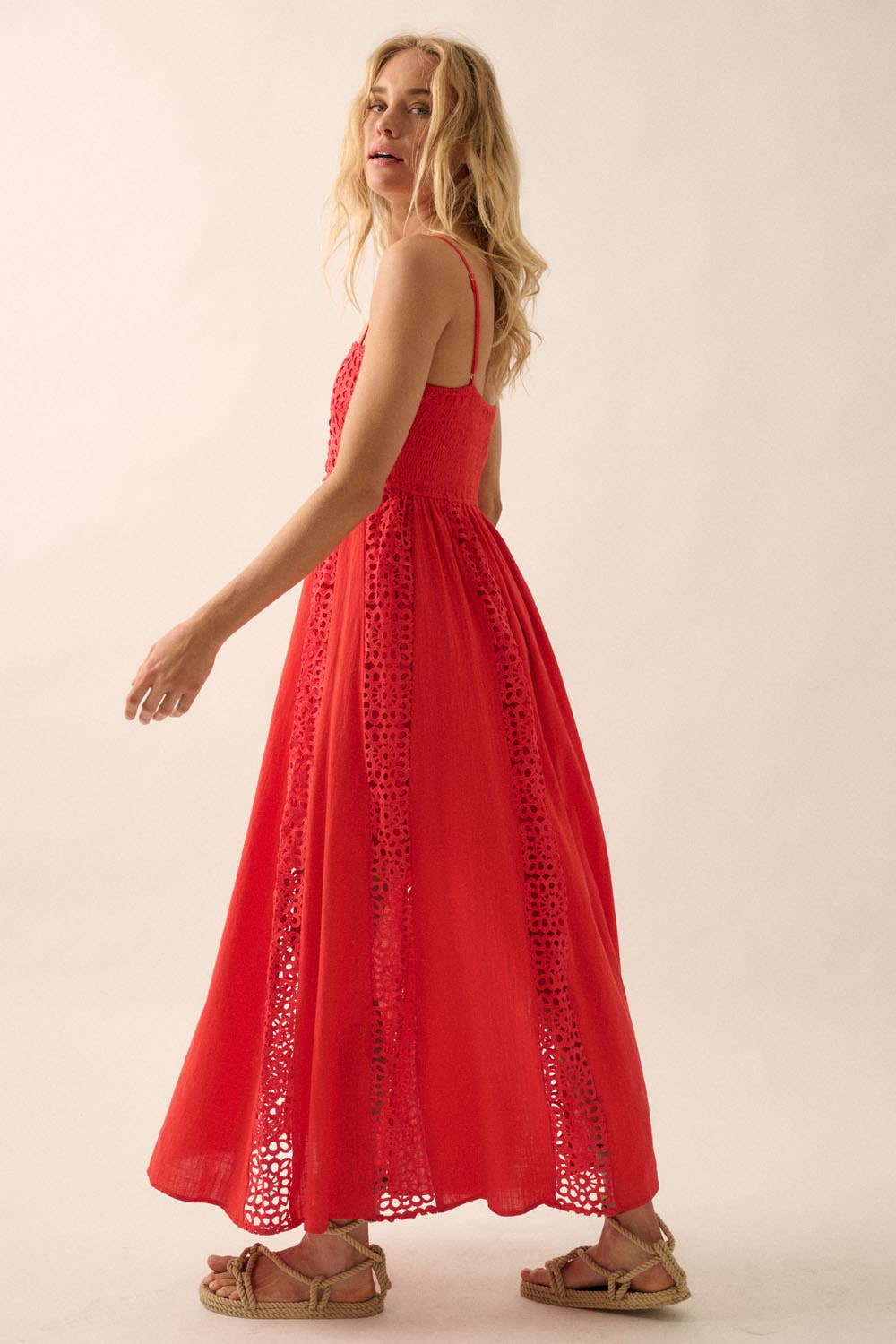 Crochet Lace and Crepe Paneled Maxi Dress