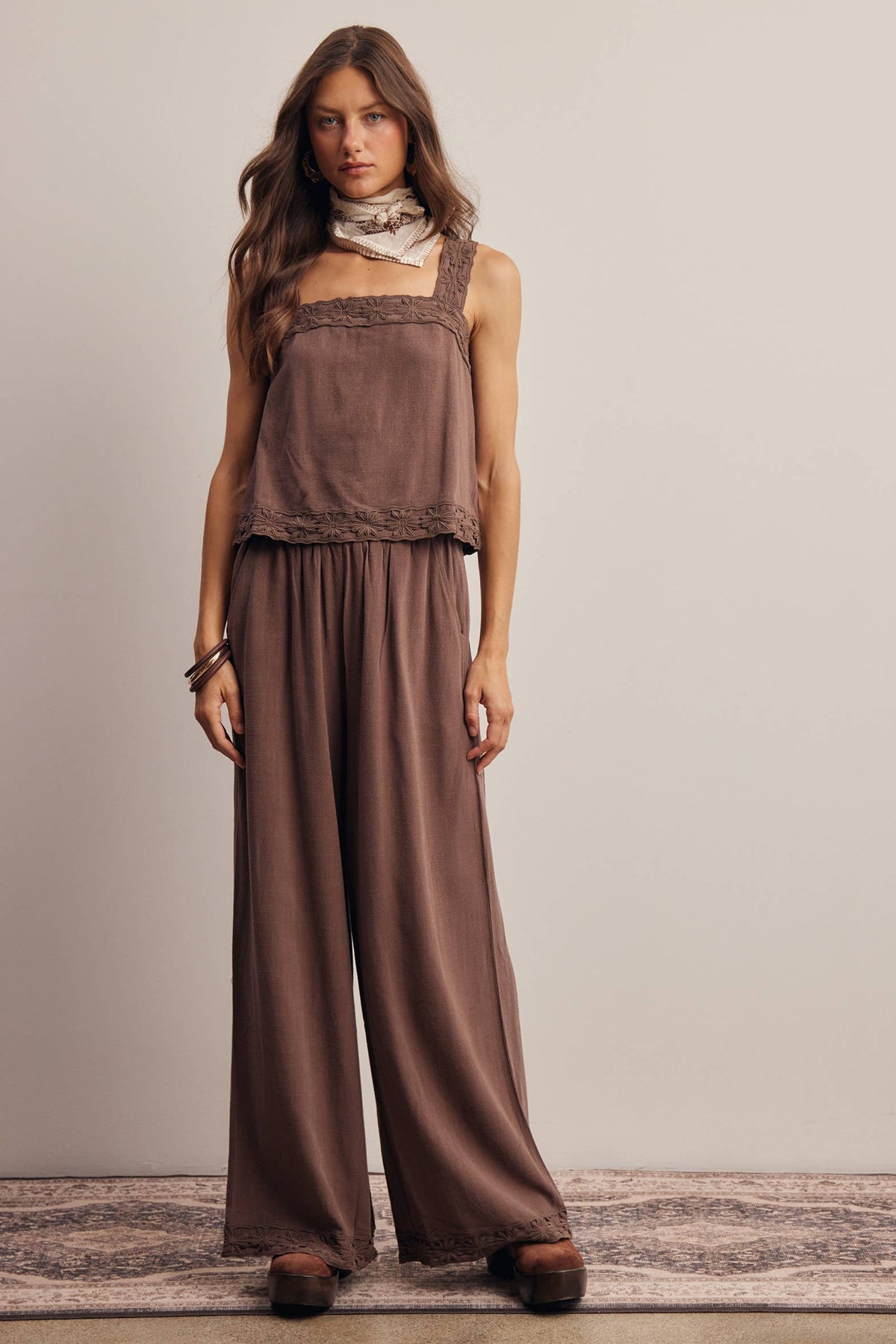 Embroidered Linen Blend Chocolate Pants
