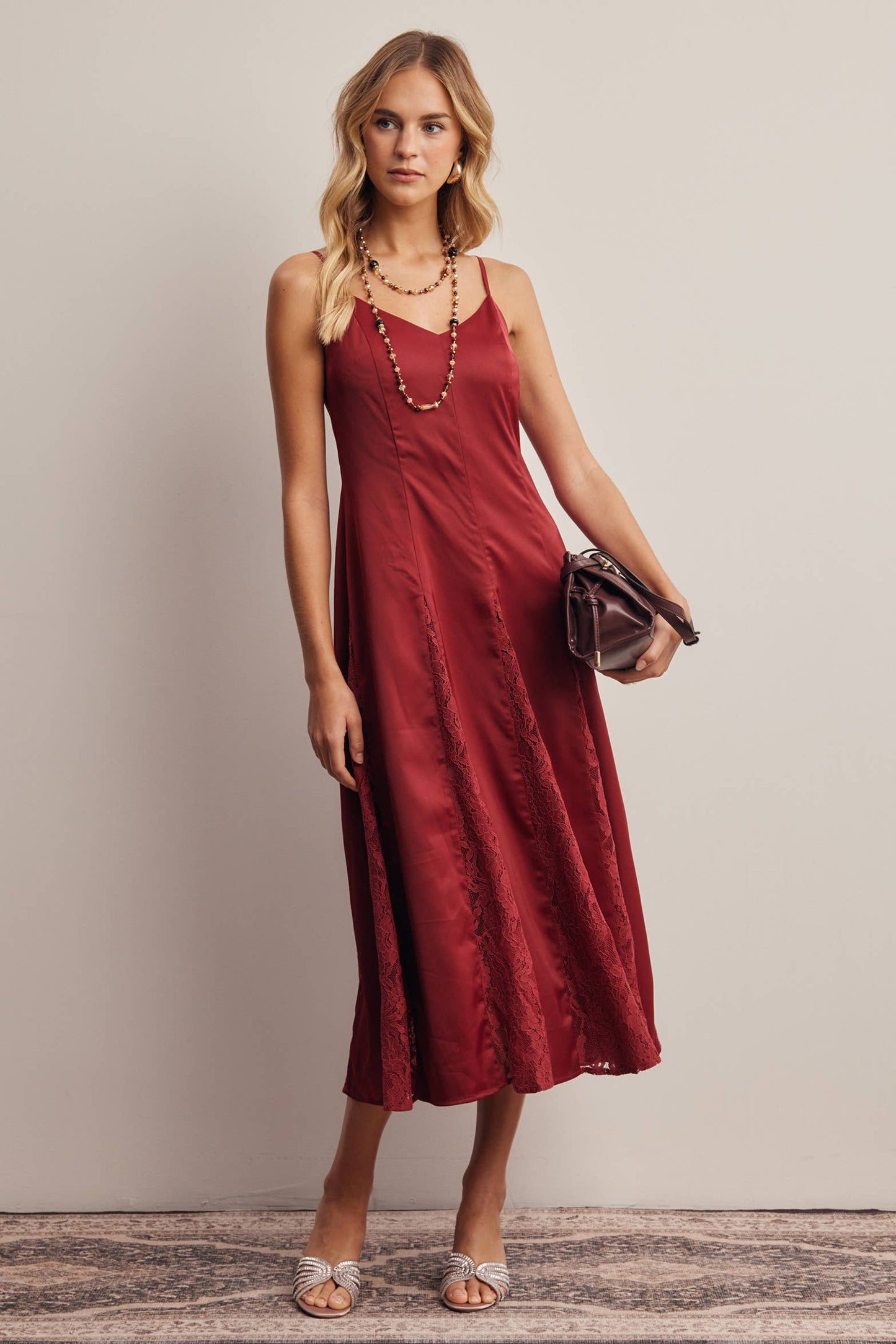 Lace Panel Satin Slip Midi Dress