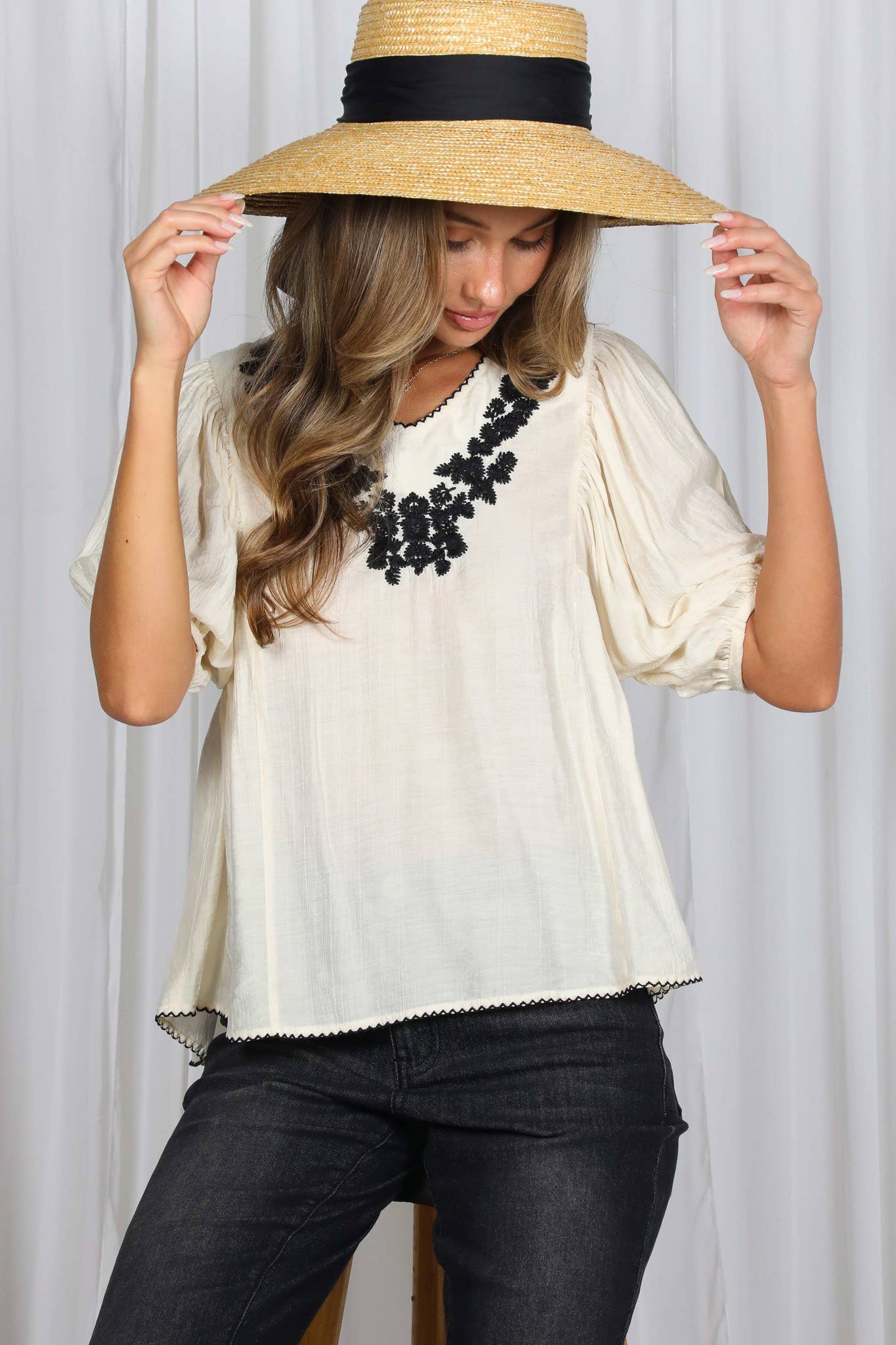 Boho Inspired V-Neck Floral Embellished Accent Top