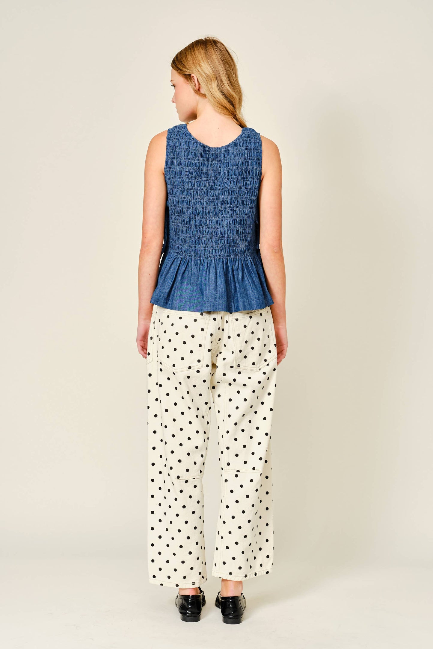 Sleeveless Denim Smocked Tie Top