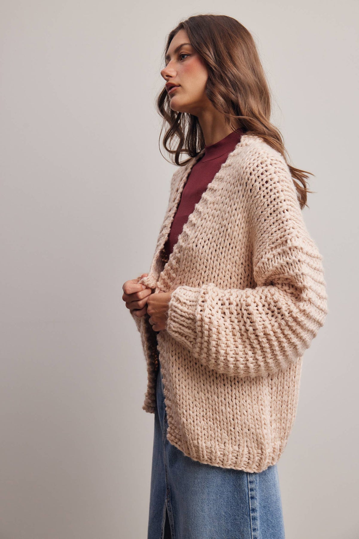 Chunky Knit Heart Back Cardigan in Blush