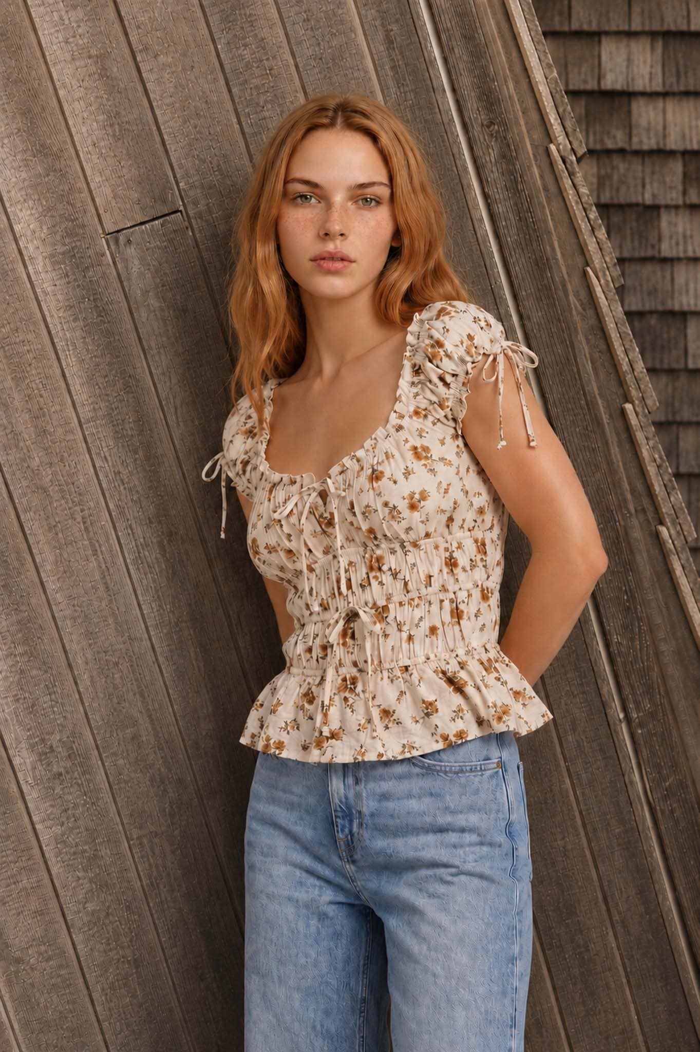 Floral Shirred Waist Ruffled Top