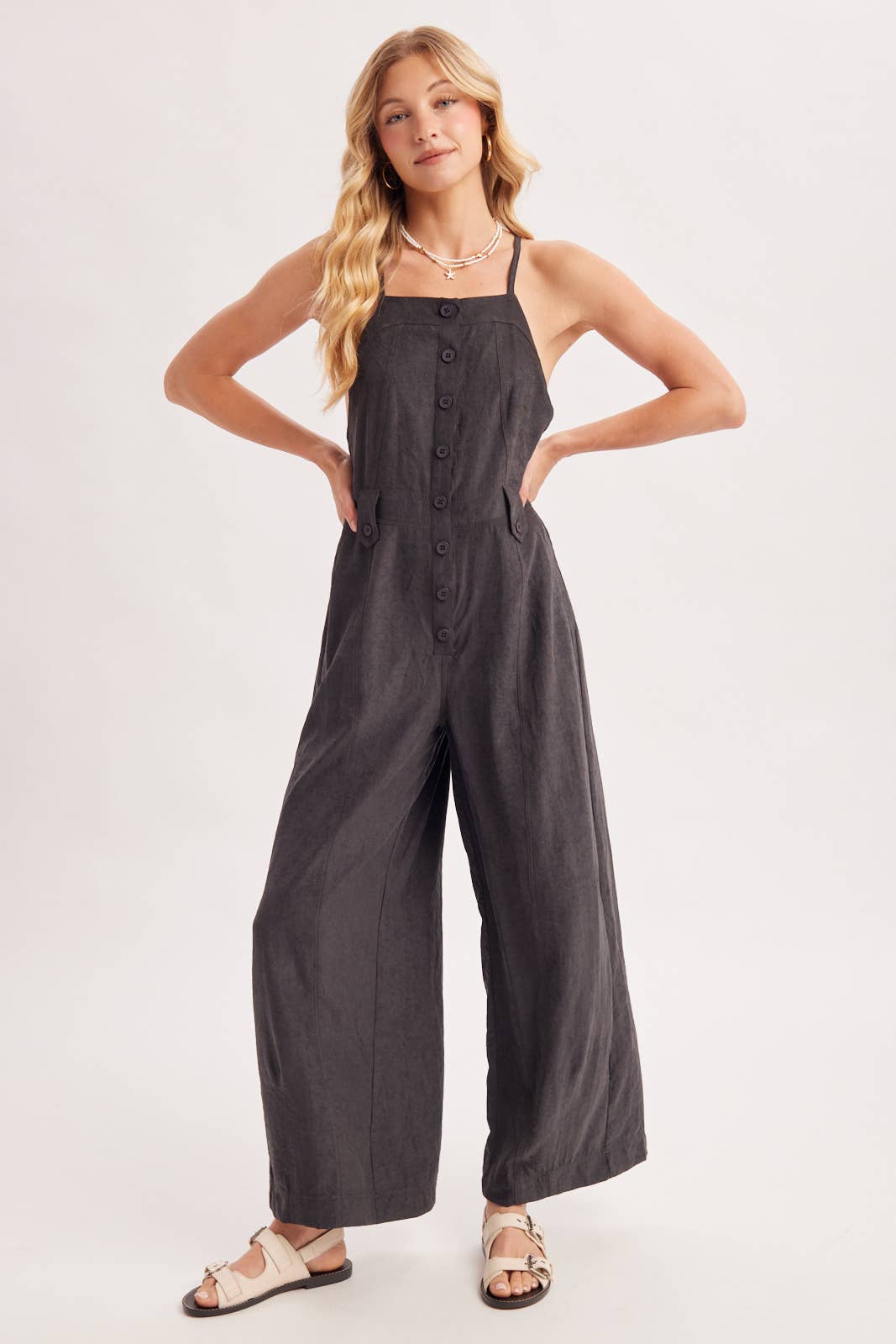 Button Down Apron Style Sleeveless Wide Leg Jumpsuit