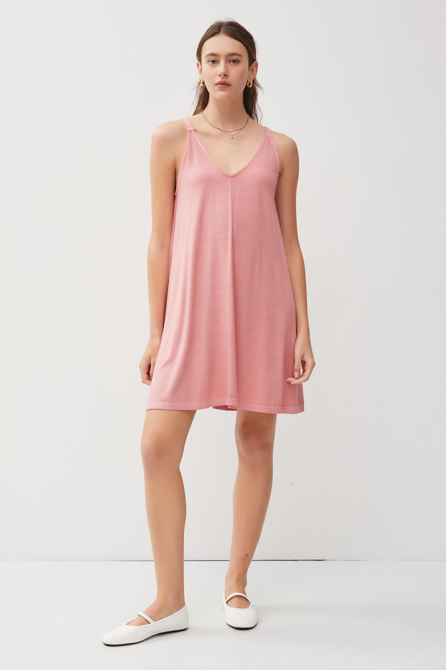 Coral Ribbed V-Neck Mini Dress