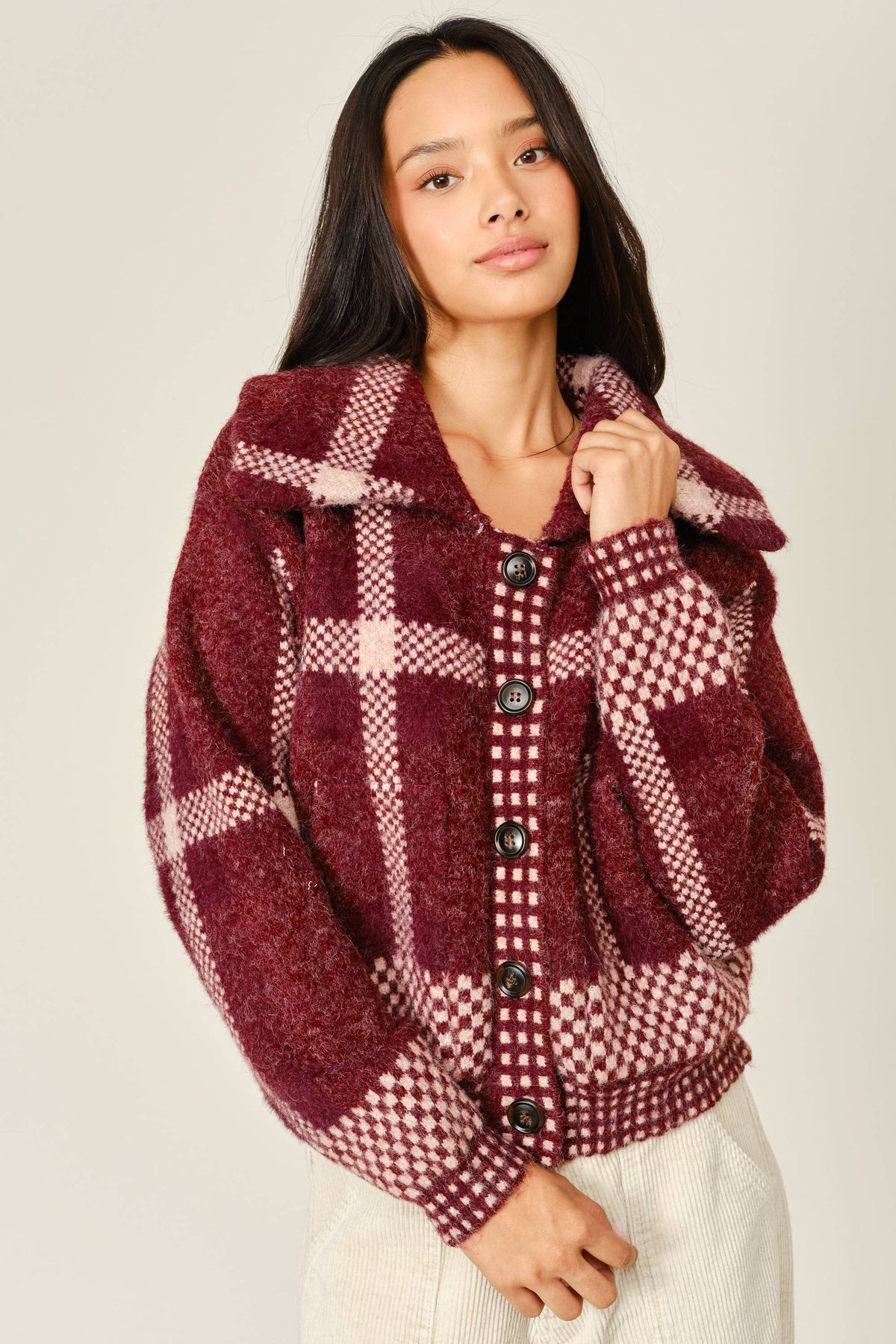 Wine Plaid Button Down Jacket