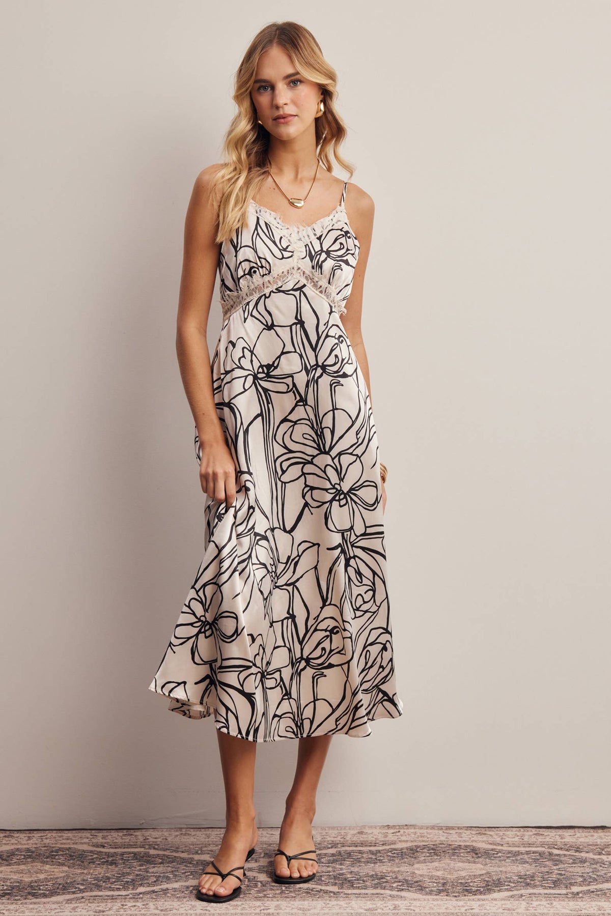 Lace Trim Floral Satin Midi Dress FD0061