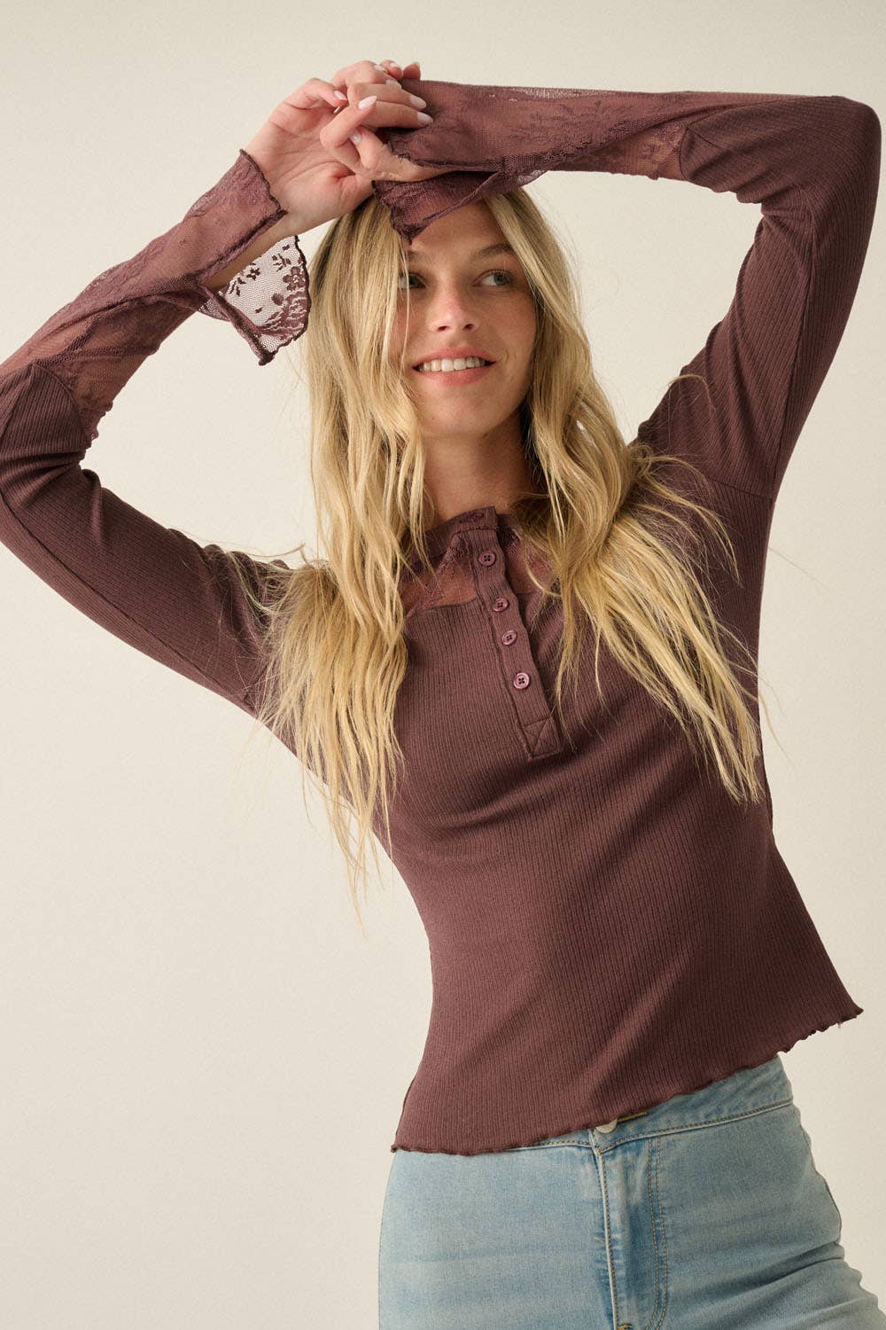 Ribbed Knit and Lace Long-Sleeve Split-Cuff Henley Top: Chocolate
