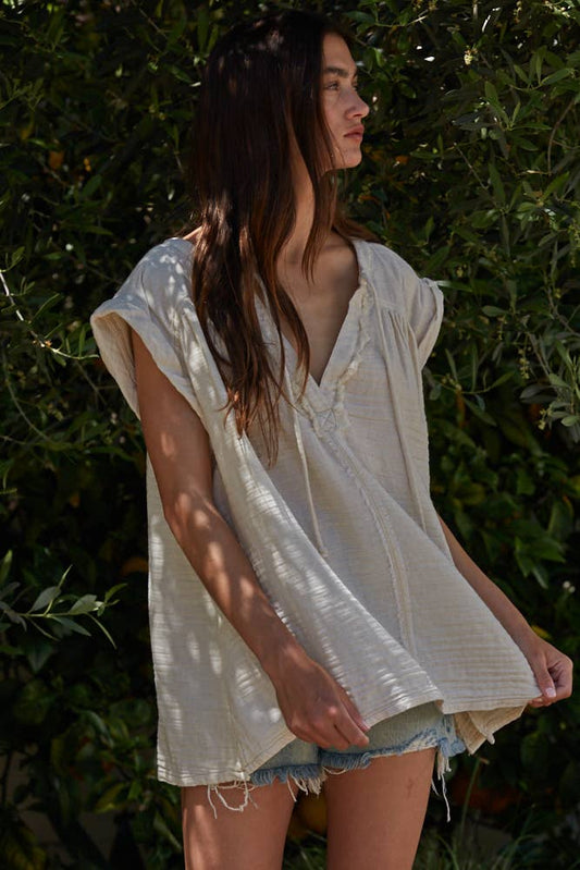 Woven Cotton Polyester V-Neck Tie Strap Top