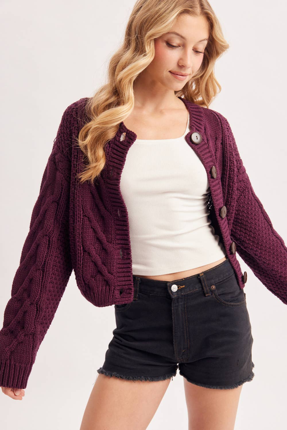 Wine Button Front Cropped Cable Knit Sweater, Cardigan