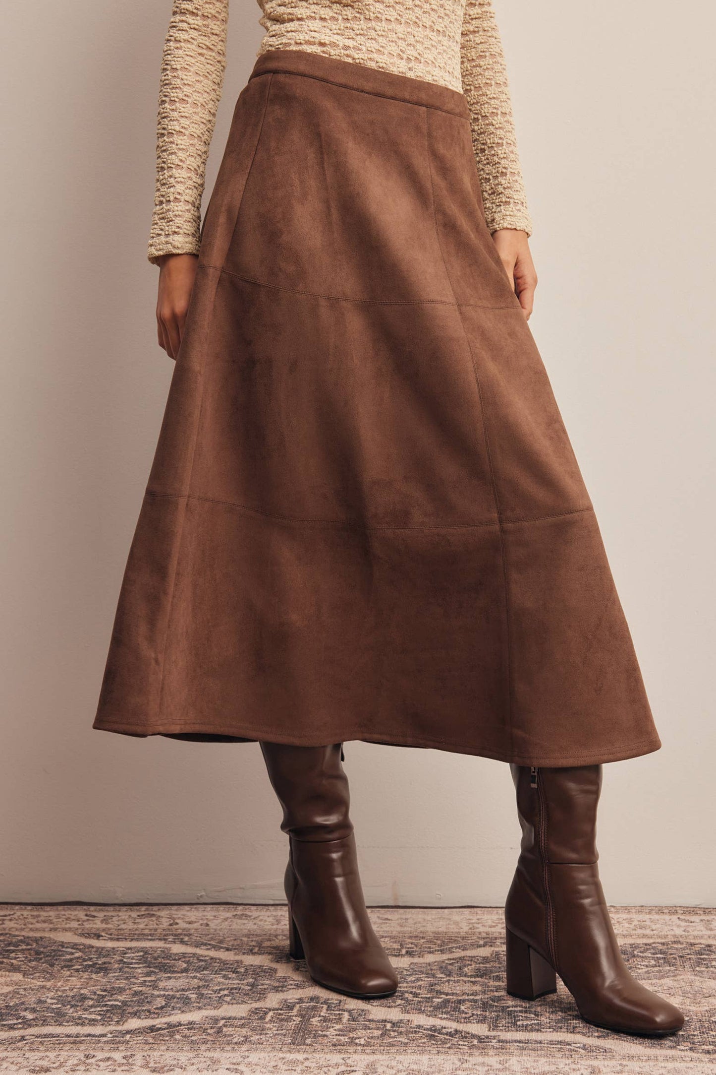 Stretched Suede A-Line Midi Skirt