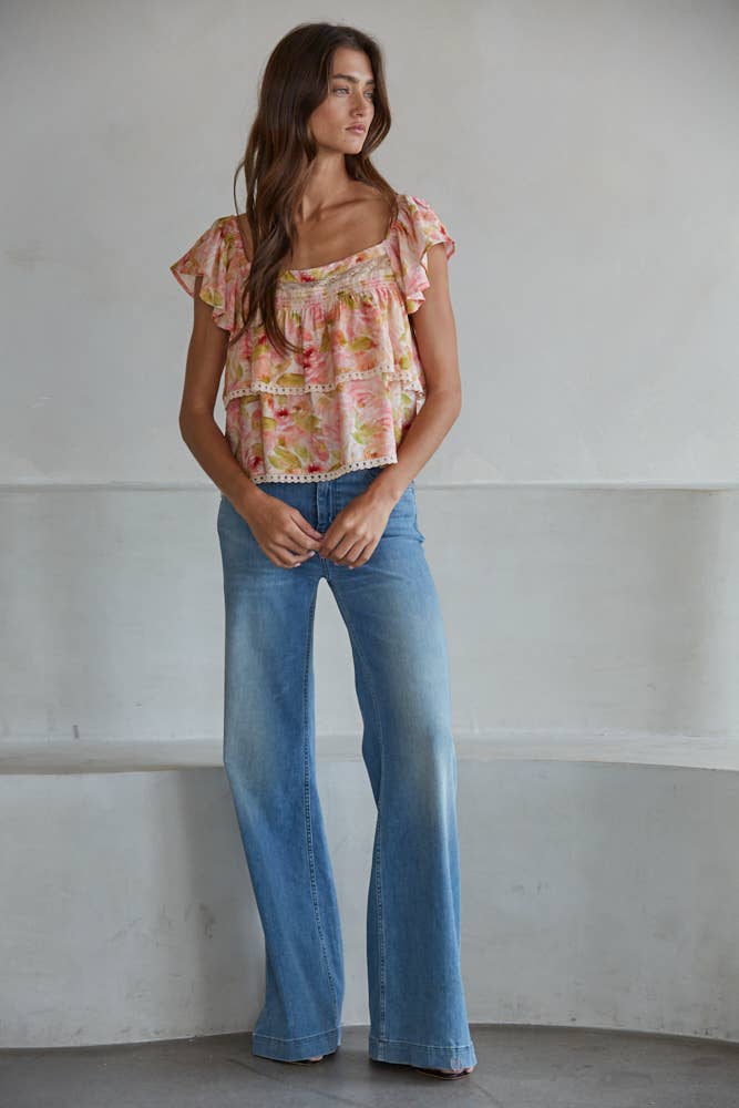 Woven Nylon Tencel Floral Print Short Sleeve Top 