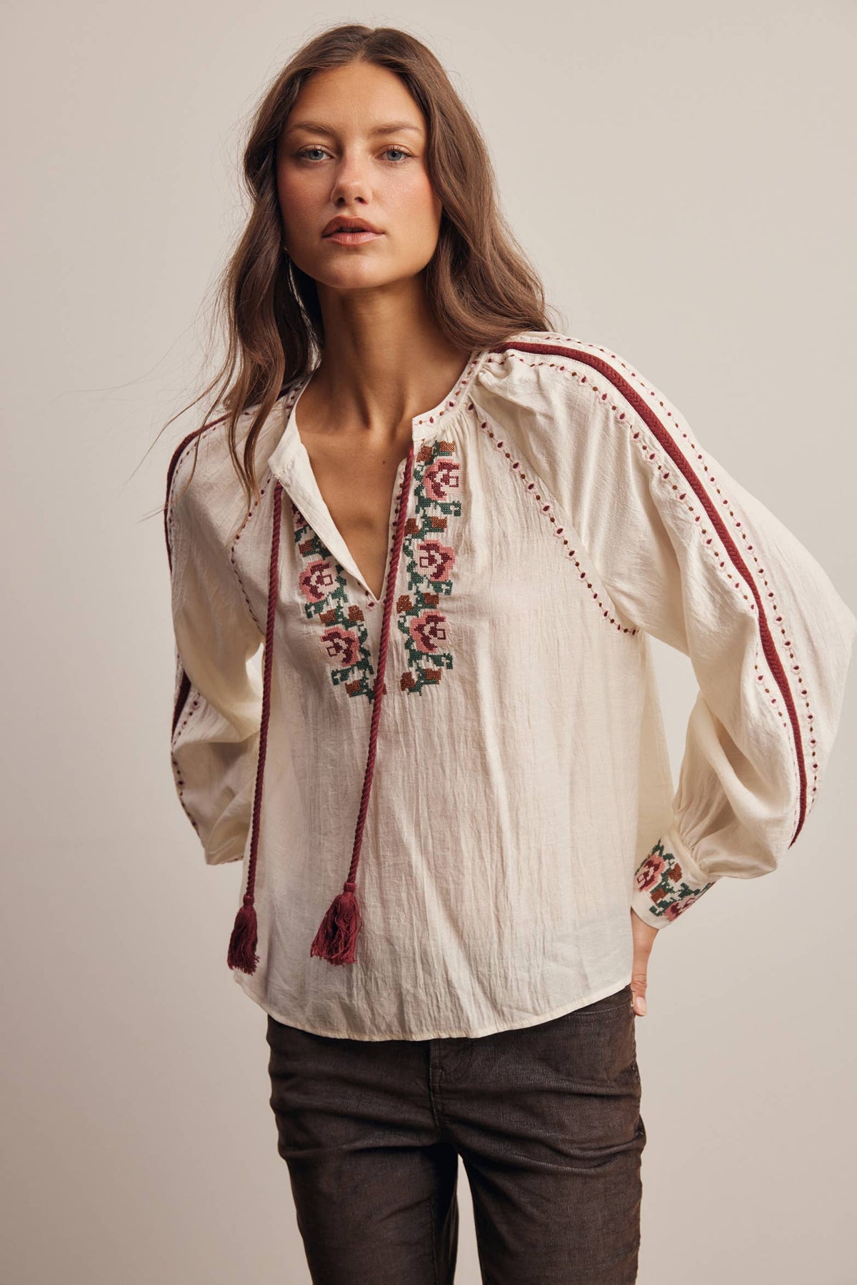 Floral Embroidered Tassel Tie Blouse