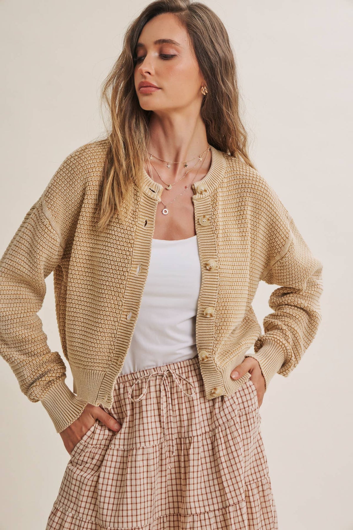Cream Mineral Washed Waffle Cardigan