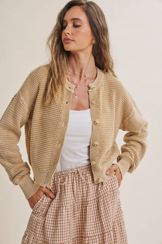 Cream Mineral Washed Waffle Cardigan