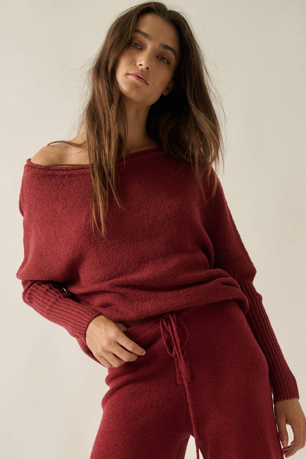 Textured Knit One-Shoulder Boatneck Dolman Sweater
