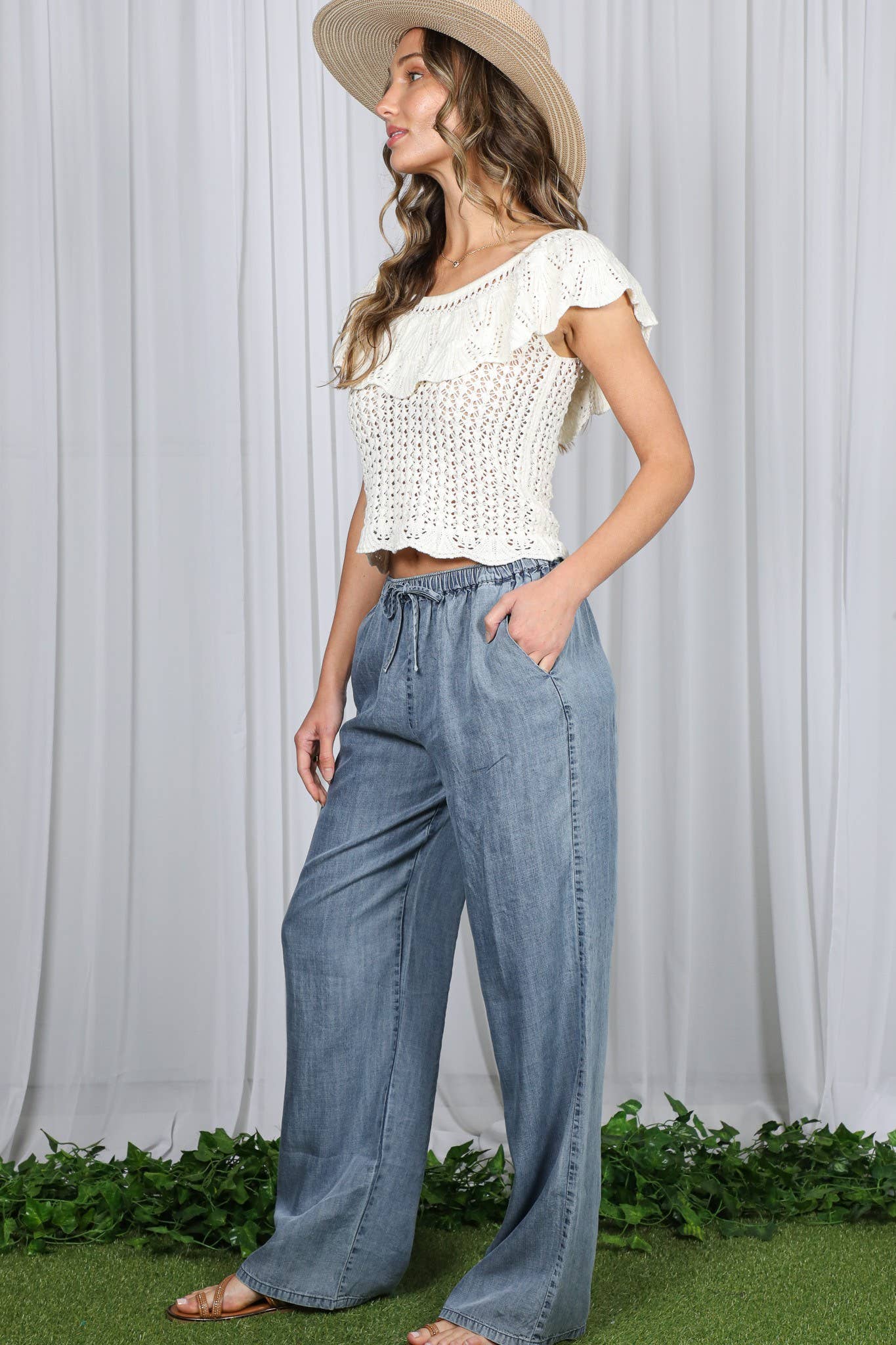 Casual Flowy Wide Leg Tencel Chambray Washed Pants