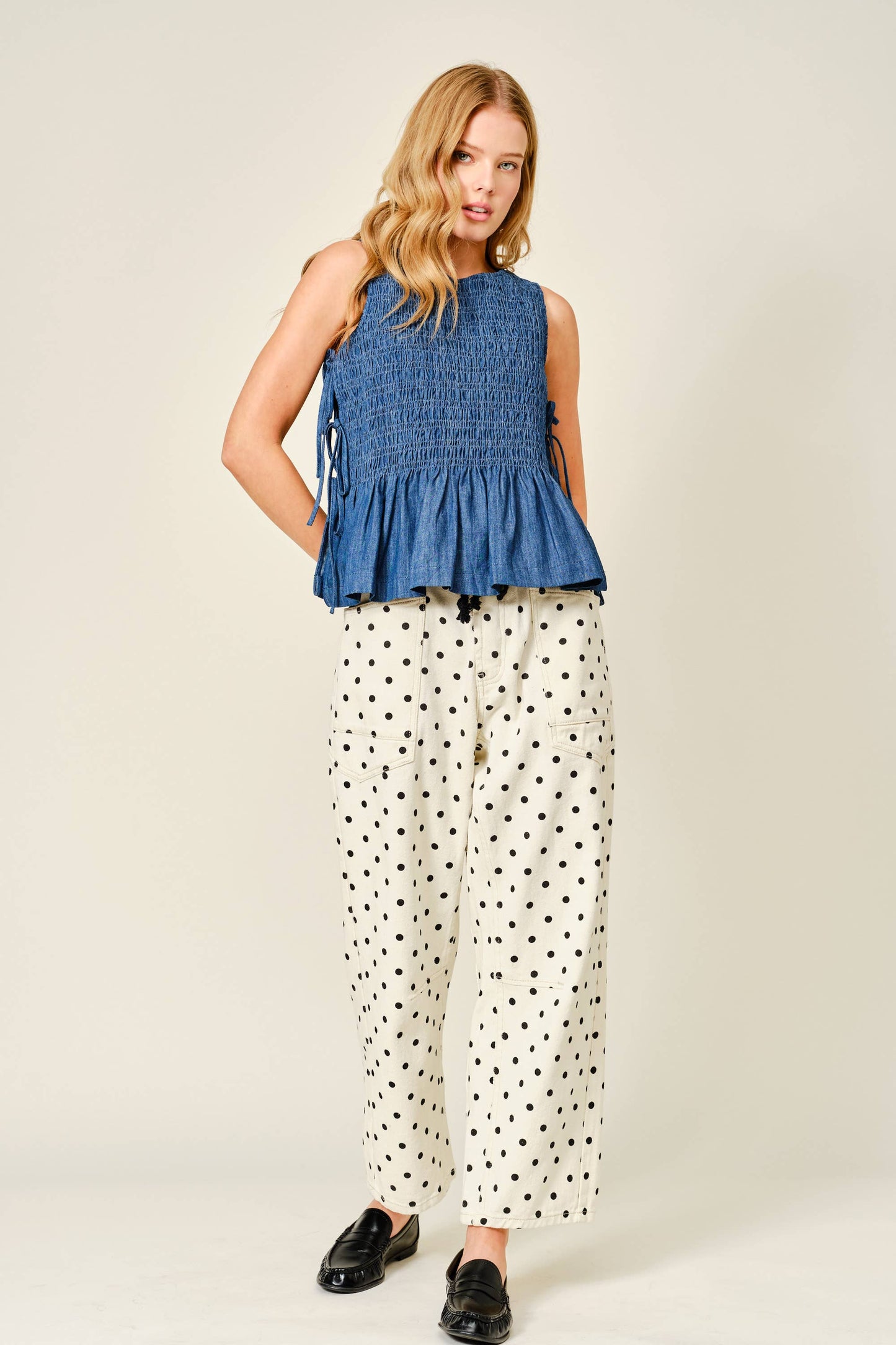 Sleeveless Denim Smocked Tie Top