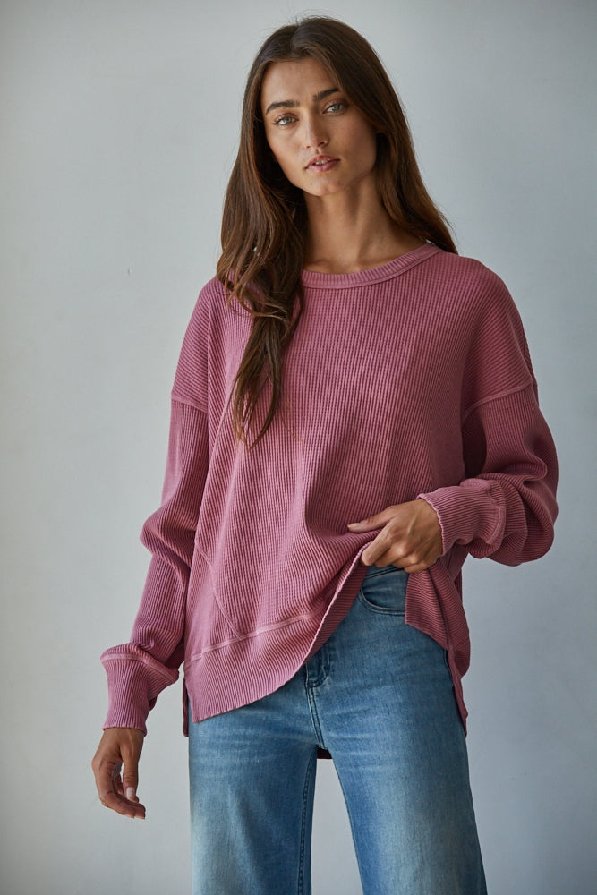 Knit Drop Shoulder Long Sleeve Top with Side Slits: Wine