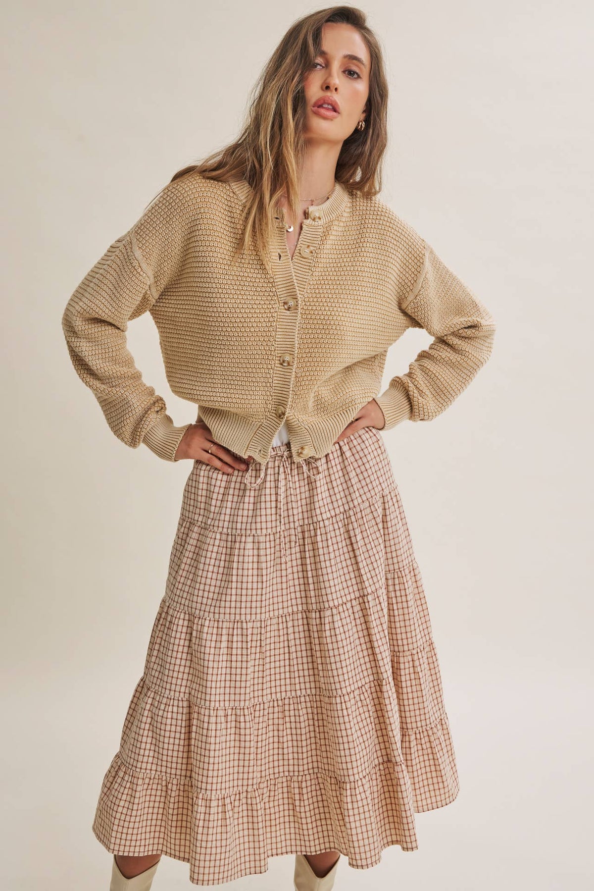 Cream Mineral Washed Waffle Cardigan