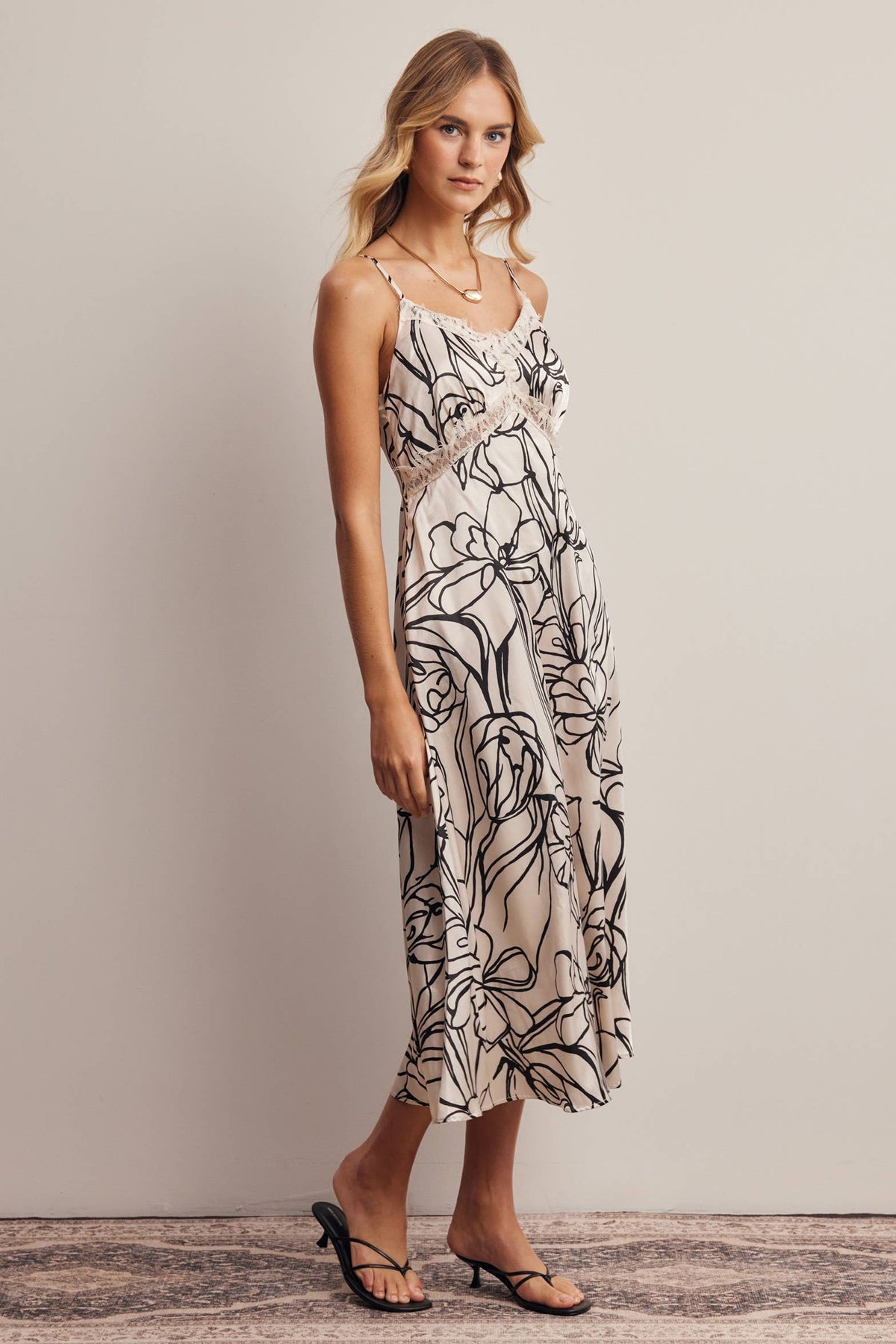 Lace Trim Floral Satin Midi Dress FD0061