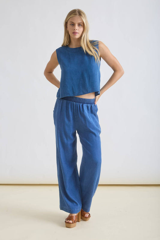 Chambray High Waist Wide Leg Pants 