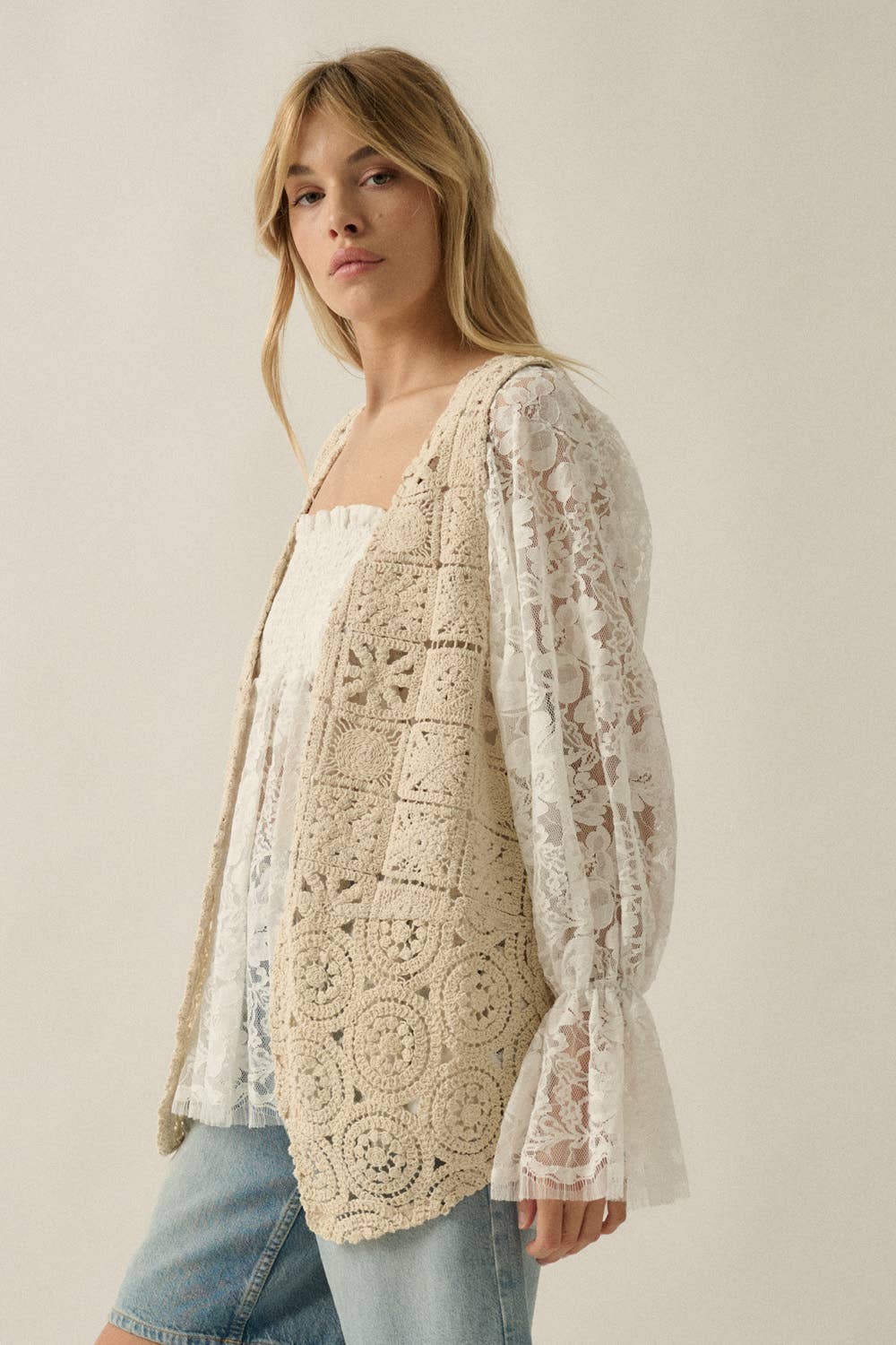 Crochet Knit Open Front Vest