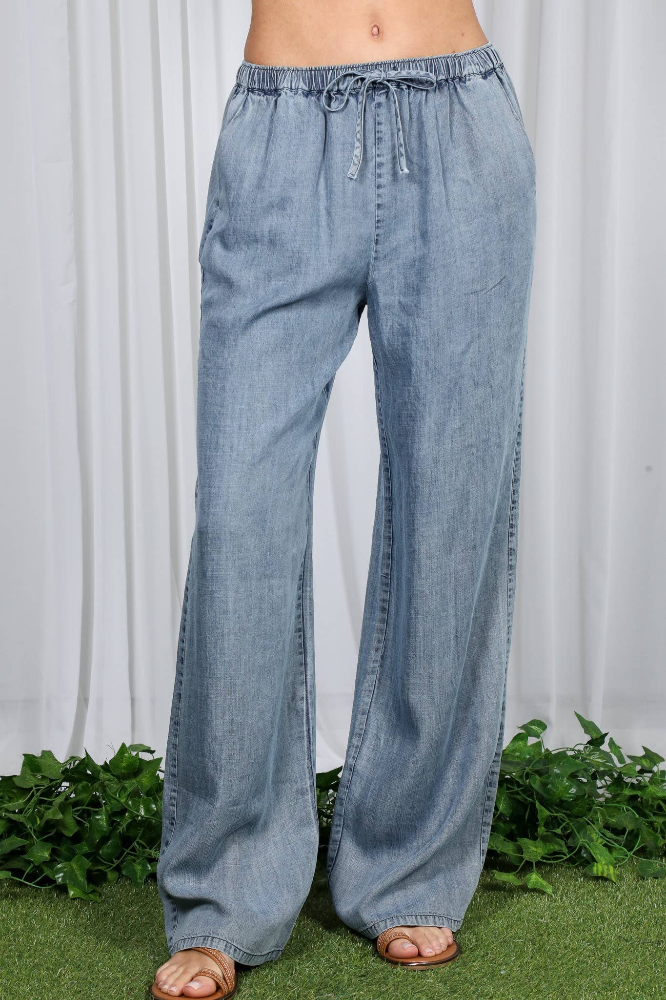 Casual Flowy Wide Leg Tencel Chambray Washed Pants