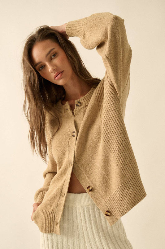 Textured Knit Button-Front Loose-Fit Cardigan