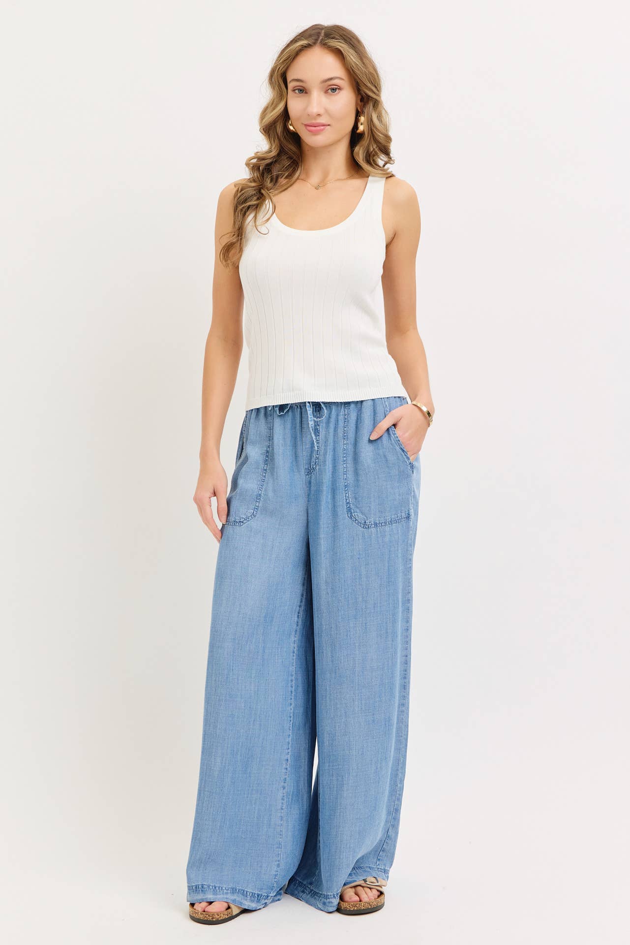Chambray Wide Leg Classic Pants