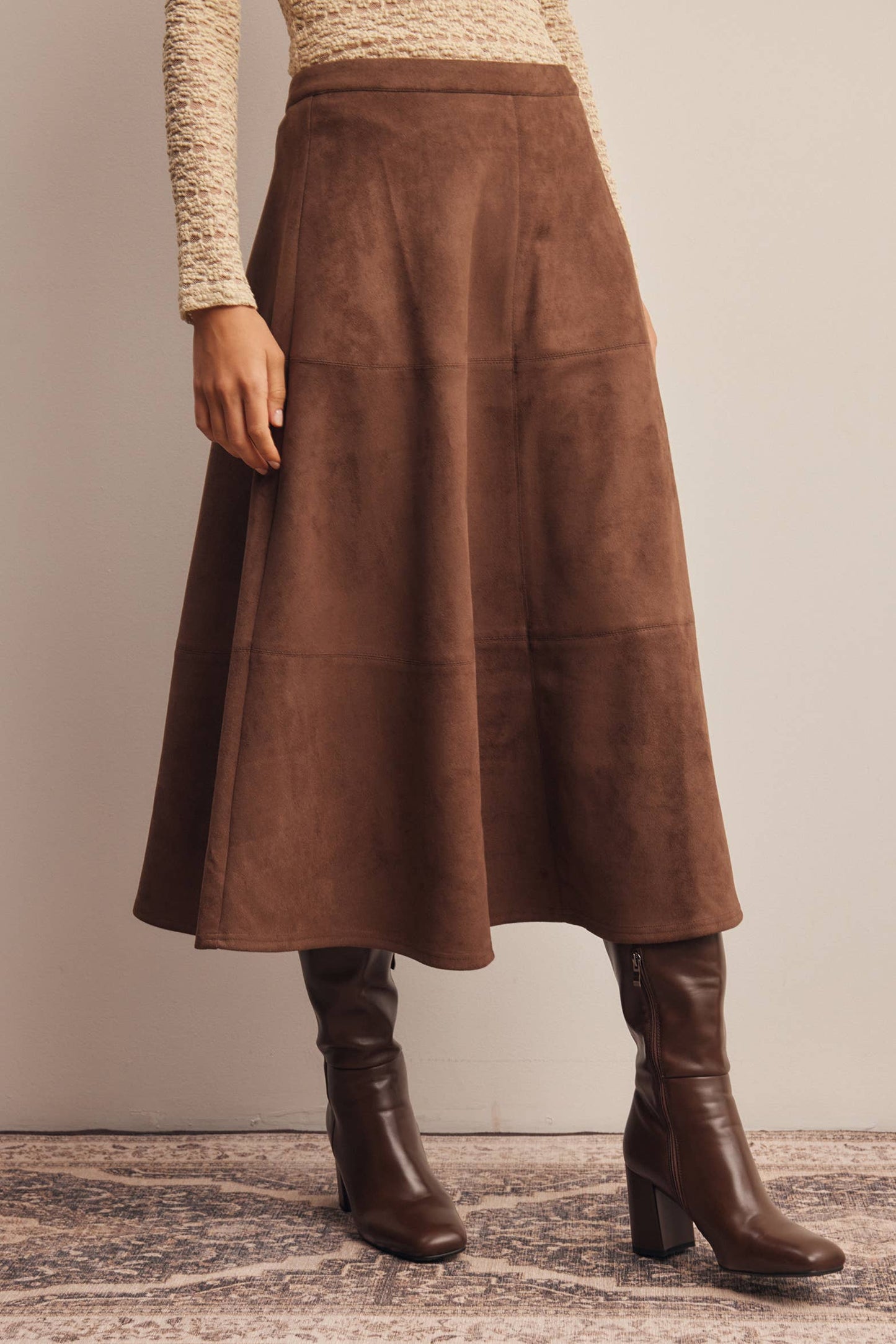 Stretched Suede A-Line Midi Skirt