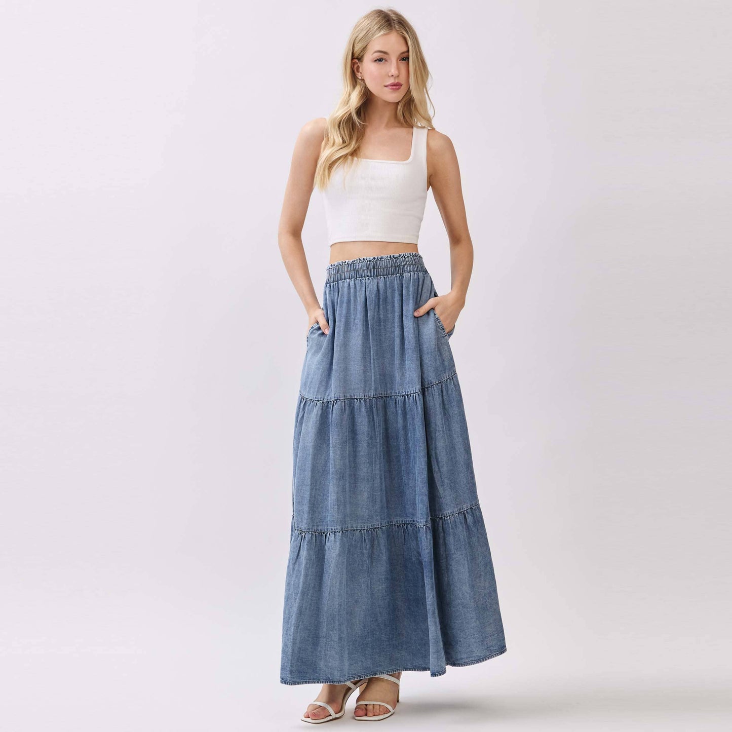 Washed Denim Tiered Maxi Skirt