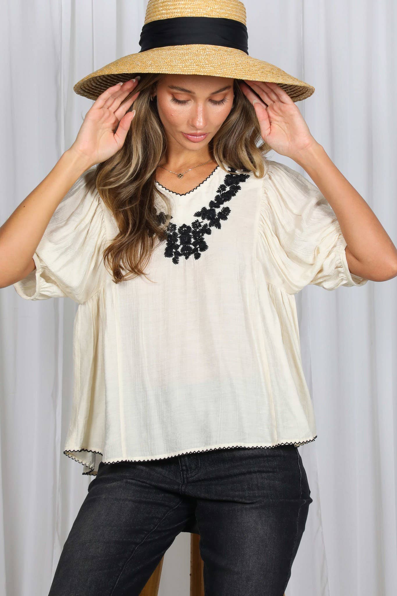 Boho Inspired V-Neck Floral Embellished Accent Top