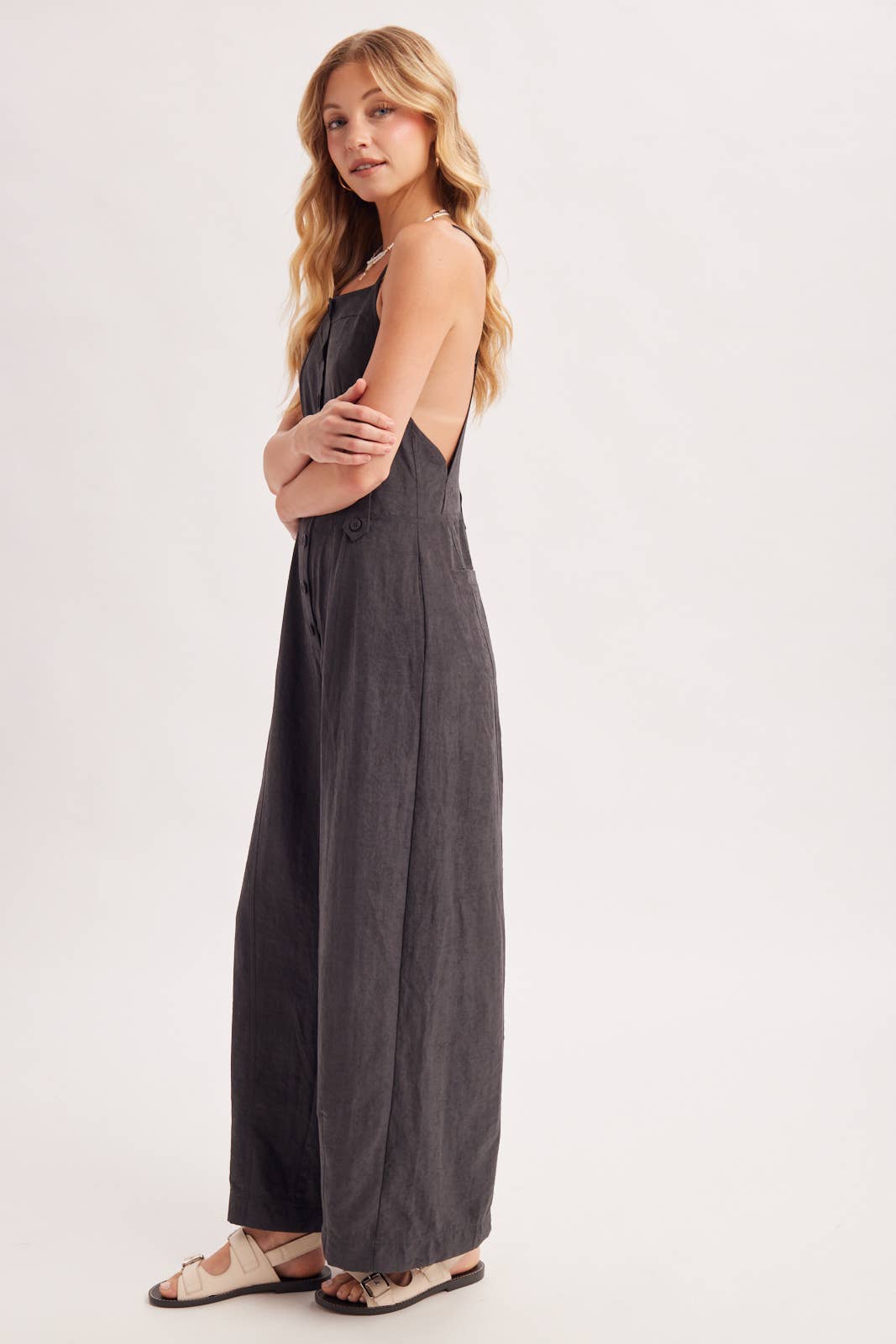 Button Down Apron Style Sleeveless Wide Leg Jumpsuit