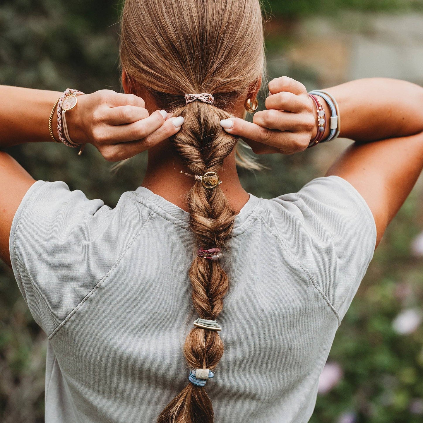 "Bloom" Maroon and Pink with Pressed Flowers Hair Tie Bracelets 