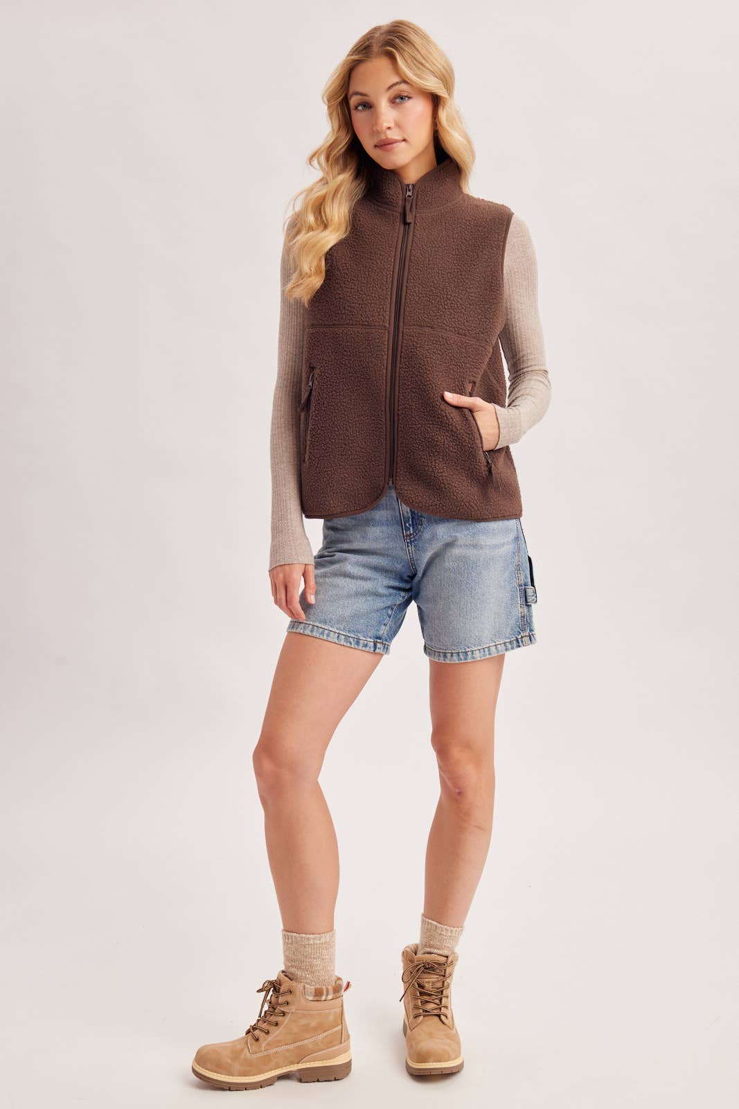 Sherpa Fleece Zipper Fron Opening, Mock Neck Vest