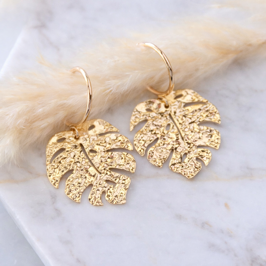 Hammered Monstera Hoop Earrings
